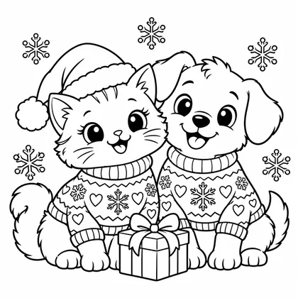 Kitten and puppy in Christmas jumpers colouring page