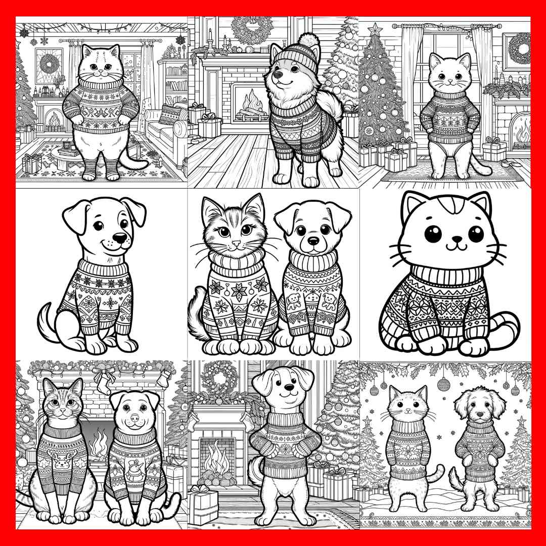 Cats Wearing Ugly Christmas Sweaters Colouring Pages