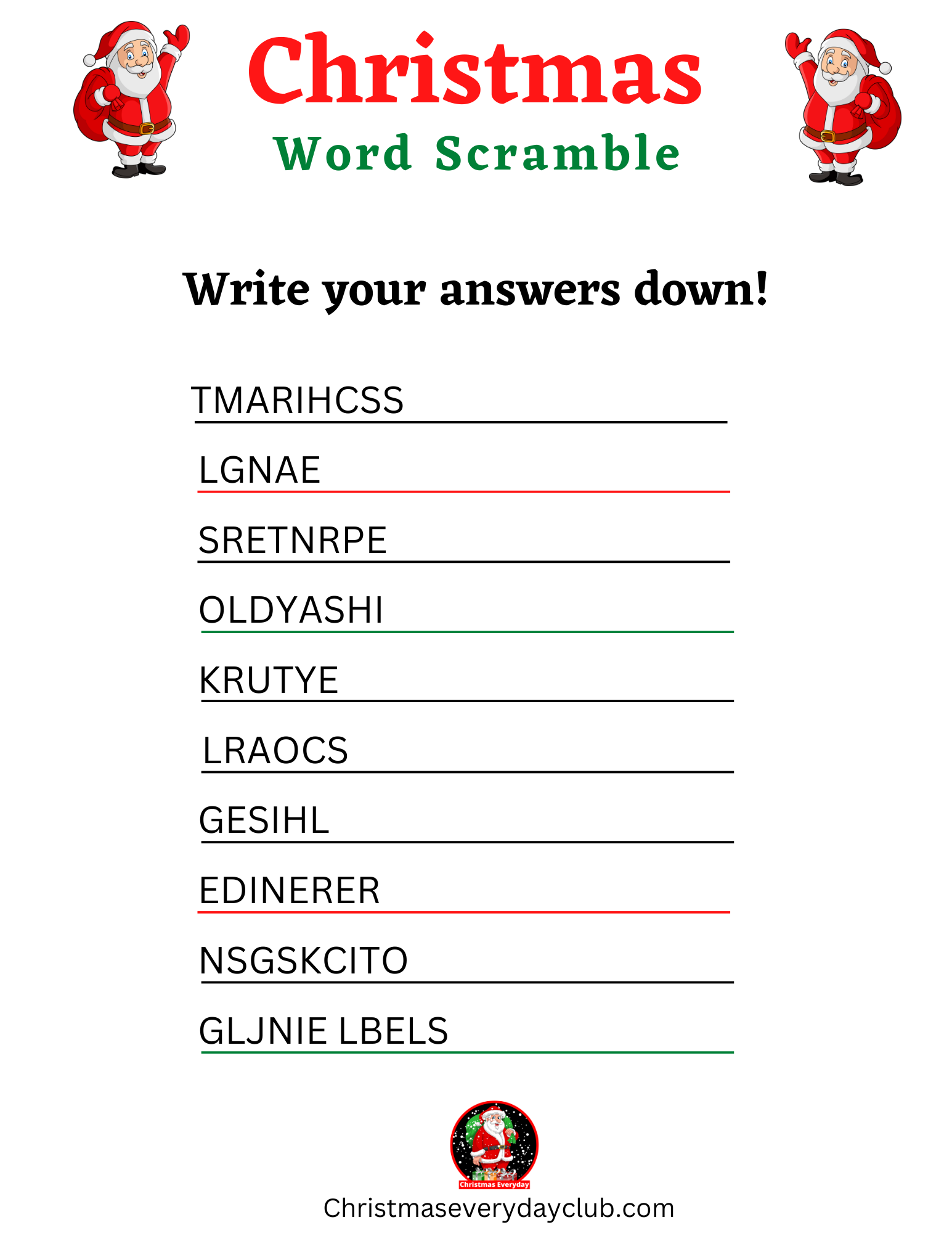 Christmas Word Scramble With Answers PDF